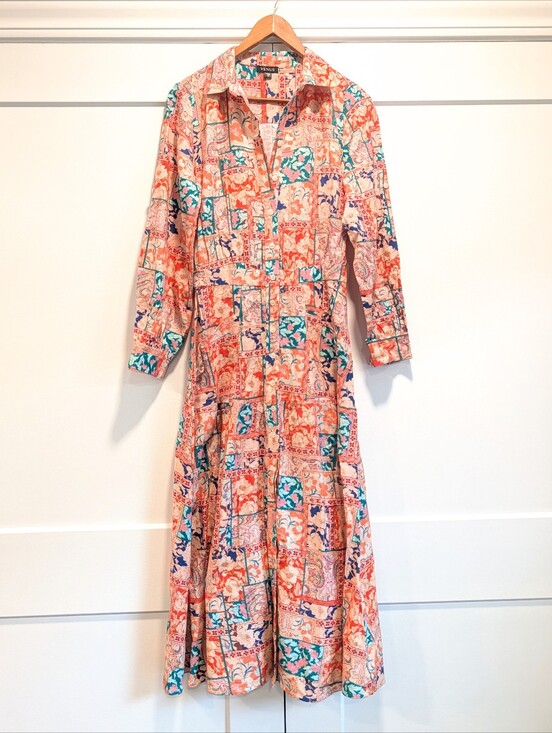 VENUS Dresses & Skirts - VENUS Women's Coral Floral Patchwork Collared Shirt Dress Linen blend Size 4